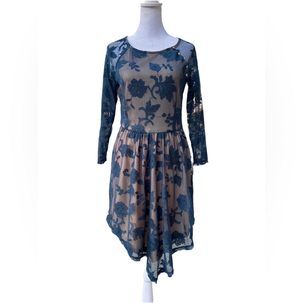 Mimi Chica Blue Lace Dress – Sheer Overlay with Nude Lining, Size M